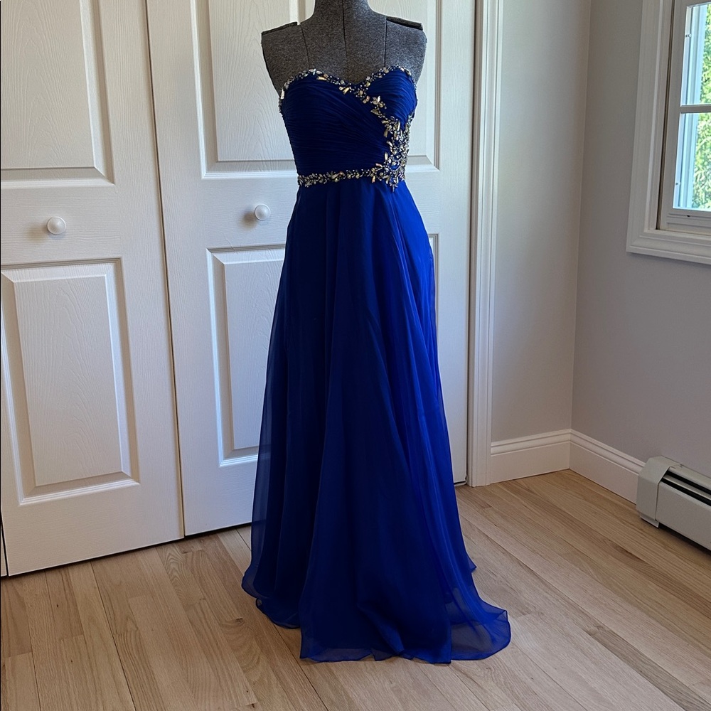 Blue Rhinestone Beaded Prom Dress